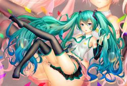 Rule 34 | 1girl, aki99, aqua eyes, aqua hair, bare shoulders, black thighhighs, blue hair, detached sleeves, gradient hair, hand in own hair, hatsune miku, highres, long hair, looking at viewer, md5 mismatch, midriff, multicolored hair, navel, necktie, panties, pink hair, revision, sitting, solo, striped clothes, striped panties, thighhighs, twintails, underwear, very long hair, vocaloid, zoom layer