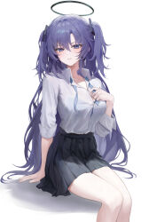 Rule 34 | 1girl, absurdres, black skirt, blue archive, breasts, chabi, collared shirt, feet out of frame, hair between eyes, halo, highres, large breasts, long hair, long sleeves, looking at viewer, mechanical halo, open mouth, pleated skirt, purple eyes, purple hair, shirt, simple background, skirt, solo, two side up, white background, white shirt, yuuka (blue archive)