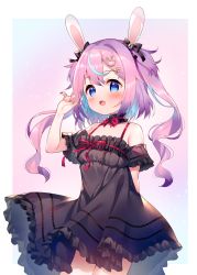Rule 34 | 1girl, :d, absurdres, animal ears, bare shoulders, black bow, black dress, blue eyes, blue hair, blush, bow, breasts, commentary request, crescent, crescent hair ornament, dress, frilled dress, frills, hair between eyes, hair bow, hair ornament, hairclip, hand up, highres, indie virtual youtuber, long hair, meito (maze), mitsuki shio, multicolored hair, nail polish, off-shoulder dress, off shoulder, open mouth, purple hair, purple nails, rabbit ears, rabbit hair ornament, small breasts, smile, solo, streaked hair, two-tone hair, two side up, very long hair, virtual youtuber, x hair ornament