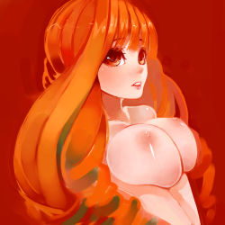 Rule 34 | 1girl, aco (koaya ako), bad id, bad pixiv id, breasts, breasts squeezed together, brown eyes, brown hair, drill hair, large breasts, lips, long hair, matching hair/eyes, nipples, orange eyes, orange hair, red hair, solo, teeth, v arms