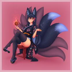 Rule 34 | 1girl, absurdres, animal ear fluff, animal ears, black hair, black thighhighs, blush, breasts, chair, commission, crossed legs, fire, flaming skull, floral print, fox ears, fox girl, fox tail, frown, full body, hair between eyes, hair ornament, highres, japanese clothes, kimono, kiseru, large breasts, long hair, looking at viewer, multiple tails, obi, orange eyes, original, print thighhighs, red background, sandals, sash, simple background, sitting, skull, smoking pipe, solo, tail, thighhighs, wlper, zouri