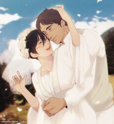 Rule 34 | 1boy, 1girl, black hair, breasts, bridal veil, brown hair, chromatic aberration, collarbone, commentary request, couple, dress, eren yeager, facial scar, green eyes, hanpetos, head wreath, height difference, hetero, hug, hug from behind, husband and wife, medium breasts, mikasa ackerman, open mouth, photo-referenced, scar, scar on cheek, scar on face, shingeki no kyojin, short hair, smile, spanish commentary, veil, wedding dress