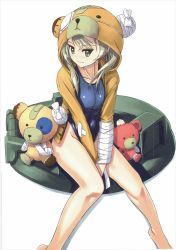 Rule 34 | 10s, 1girl, animal hood, bandages, bear hood, blue one-piece swimsuit, boko (girls und panzer), brown eyes, closed mouth, full body, girls und panzer, highres, hood, jacket, light brown hair, light smile, long hair, looking at viewer, nenchi, no pants, one-piece swimsuit, open clothes, open jacket, scan, school swimsuit, shimada arisu, simple background, sitting, solo, swimsuit, v arms, white background