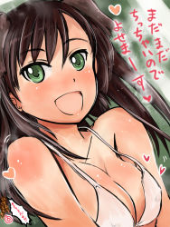 Rule 34 | 1girl, :d, animal ears, blush, bra, breasts, brown hair, cleavage, collarbone, dog ears, covered erect nipples, federica n. doglio, green eyes, heart, highres, long hair, mishiro shinza, open mouth, smile, solo, strike witches, underwear, white bra, world witches series
