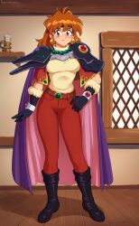 Rule 34 | 1girl, armor, belt, black footwear, black gloves, blush, boots, breasts, brown hair, cape, capelet, closed mouth, earrings, full body, gloves, highres, indoors, jewelry, lina inverse, long hair, looking at viewer, medium breasts, multicolored cape, multicolored clothes, necklace, oppaiserothicc, pants, pink cape, purple cape, red eyes, red pants, shirt, shoulder armor, slayers, solo, standing, variant set, yellow shirt