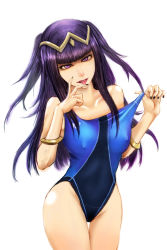 Rule 34 | 1girl, bracelet, breasts, collarbone, competition swimsuit, covered erect nipples, licking finger, fire emblem, fire emblem awakening, highres, jewelry, licking, licking hand, long hair, looking at viewer, medium breasts, nail polish, nintendo, nipples, one-piece swimsuit, pocari66, purple eyes, purple hair, solo, swimsuit, tharja (fire emblem), tiara, tongue, tongue out, twintails, two side up, white background, wide hips