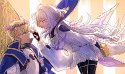 Rule 34 | 1boy, 1girl, armor, arthur pendragon (fate), black gloves, blonde hair, blue cape, cape, crown, dress, eye contact, fate/grand order, fate (series), fingerless gloves, flower, gloves, green eyes, hair flower, hair ornament, holding, holding crown, leaning forward, long hair, looking at another, merlin (fate/prototype), merlin (fate/prototype) (third ascension), purple eyes, short dress, silver hair, smile, tsengyun, white dress