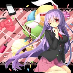 Rule 34 | 1girl, animal ears, blush, candy, cellphone, female focus, food, highres, hototogisu (hot to gis), iphone, long hair, necktie, one eye closed, phone, purple hair, rabbit ears, red eyes, red necktie, reisen udongein inaba, skirt, smartphone, smile, solo, thighhighs, touhou, wink