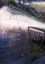 Rule 34 | absurdres, axleaki, commentary, day, fence, film grain, forest, highres, lens flare, nature, no humans, original, outdoors, railing, scenery, stairs, tree