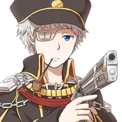 Rule 34 | 1boy, antique firearm, black coat, black hat, blue eyes, buttons, chain, closed mouth, coat, commentary request, double-breasted, eyepatch, firearm, firelock, flintlock, gun, handgun, hat, holding, holding gun, holding weapon, long sleeves, looking at viewer, male focus, natsuya (kuttuki), peaked cap, pipe in mouth, platinum blonde hair, ragnarok online, rebellion (ragnarok online), short hair, simple background, smoking pipe, solo, upper body, weapon, white background