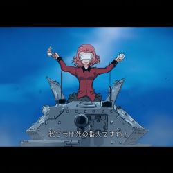 Rule 34 | 10s, 1girl, bad id, bad pixiv id, crusader (tank), girls und panzer, kakesoba, letterboxed, mad max, mad max: fury road, military, military vehicle, motor vehicle, red hair, rosehip (girls und panzer), short hair, sky, smile, tank, tank turret, weapon