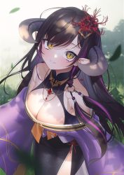 Rule 34 | 1girl, absurdres, aya (lezon), black hair, blurry, blurry background, breasts, character request, copyright request, grass, hair ornament, highres, horns, japanese clothes, large breasts, long hair, multicolored hair, o-ring, slit pupils, solo, streaked hair, virtual youtuber, yellow eyes