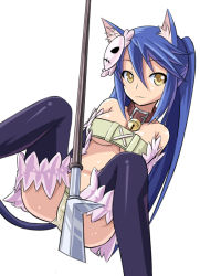 Rule 34 | 1girl, :3, albireo (yumekui merry), animal ears, bell, blue hair, breasts, cat ears, cat girl, cat tail, collar, elbow gloves, female focus, gloves, hair ornament, panties, polearm, simple background, sitting, solo, spear, tail, thighhighs, twintails, underboob, underwear, weapon, white background, yellow eyes, yumekui merry