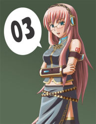 Rule 34 | blue eyes, detached sleeves, glasses, headset, long hair, megurine luka, midriff, navel, noramichi, noramichi (artist), pink hair, skirt, thighhighs, very long hair, vocaloid, bespectacled, crossed arms