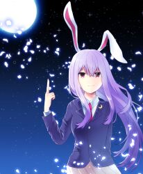 Rule 34 | 1girl, animal ears, black jacket, black sky, blue sky, breasts, closed mouth, collared jacket, collared shirt, crescent, crescent pin, gradient sky, hair between eyes, hand up, highres, index finger raised, jacket, long hair, long sleeves, looking at viewer, medium breasts, moon, necktie, night, night sky, notsuki (koma128), petals, pink necktie, pink skirt, pocket, purple hair, rabbit ears, red eyes, reisen udongein inaba, shirt, sidelocks, skirt, sky, smile, solo, sparkle, standing, star (sky), starry sky, touhou, white shirt