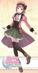 Rule 34 | 1girl, ascot, atelier (series), atelier elkrone, black thighhighs, bow, brown hair, copyright name, female focus, fukahire (ruinon), full body, green eyes, hat, jacket, juliet sleeves, long sleeves, meriel (atelier), official art, puffy sleeves, ribbon, shoes, short hair, skirt, smile, solo, standing, standing on one leg, thighhighs