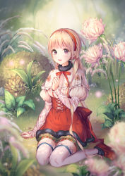 Rule 34 | 1girl, artist name, blonde hair, blush, bow, capelet, commentary request, dress, floral print, flower, footwear bow, frilled thighhighs, frills, full body, fur collar, fur trim, grass, hand up, headband, highres, la campanella, long hair, long sleeves, looking at viewer, neck ribbon, open mouth, plant, purple hair, quad tails, red dress, red ribbon, ribbon, shoes, sitting, solo, thighhighs, tree of savior, very long hair, white thighhighs, zettai ryouiki