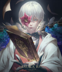 Rule 34 | 1boy, asuka r. kreutz, black gloves, blue eyes, book, character name, closed mouth, eyepatch, gloves, grimoire, guilty gear, guilty gear strive, highres, long sleeves, looking at viewer, male focus, paper, short hair, talgi, upper body, white hair