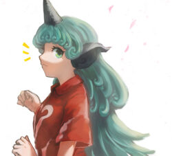 Rule 34 | 1girl, :&lt;, breasts, closed mouth, commentary request, curly hair, fingernails, from side, green eyes, green hair, grey horns, horns, kariyushi shirt, komano aunn, long hair, looking at viewer, looking to the side, mogukk, notice lines, profile, red shirt, shirt, short sleeves, single horn, small breasts, solo, touhou, upper body, white background