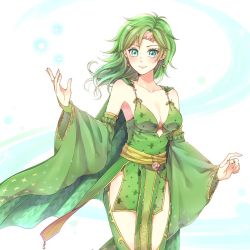 Rule 34 | 1girl, breasts, bridal gauntlets, cleavage, closed mouth, detached sleeves, earrings, final fantasy, final fantasy iv, green eyes, green hair, jewelry, long hair, looking at viewer, aged up, rydia (ff4), smile, solo