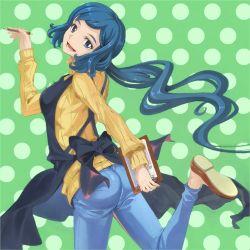 Rule 34 | 10s, 1girl, apron, ass, blue eyes, blue hair, clipboard, denim, from behind, gundam, gundam build fighters, iori rinko, long hair, looking at viewer, looking back, matching hair/eyes, miyo (13th floor), open mouth, pencil, polka dot, polka dot background, ponytail, ribbed sweater, smile, solo, sweater, very long hair
