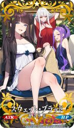 Rule 34 | 3girls, 92m, arms behind head, arms up, bare shoulders, black shirt, blue dress, blue eyes, blush, breasts, carmilla (fate), chair, cleavage, collarbone, copyright notice, craft essence (fate), double bun, dress, fate/grand order, fate (series), forehead, hair bun, hair ornament, large breasts, leaf hair ornament, long hair, long sleeves, looking at viewer, multiple girls, open clothes, open shirt, parted bangs, purple eyes, purple hair, red dress, shirt, sidelocks, single hair bun, sitting, small breasts, smile, translation request, twintails, very long hair, white dress, white hair, wu zetian (fate), yang guifei (fate), yellow eyes