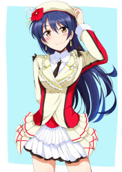 Rule 34 | 10s, 1girl, beret, blue hair, blush, brown eyes, buttons, chata maru (irori sabou), dress, earrings, flower, framed, frilled dress, frills, hand on own head, hat, jewelry, long hair, long sleeves, looking at viewer, love live!, love live! school idol project, necktie, outside border, simple background, smile, solo, sonoda umi, sore wa bokutachi no kiseki, standing, very long hair
