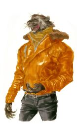 Rule 34 | 1boy, 5hgohi, absurdres, black pants, brown hair, cat boy, cropped legs, fur-trimmed jacket, fur trim, furry, furry male, highres, jacket, licking lips, long sleeves, looking at viewer, male focus, open mouth, orange jacket, original, pants, profile, scarf, simple background, solo, tongue, tongue out, white background, yellow scarf, zipper