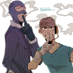 Rule 34 | 22 (tak ja), 2boys, balaclava, bandages, blu scout (tf2), blu spy (tf2), cigarette, finger to mouth, formal, gloves, hat, headset, male focus, mouth hold, multiple boys, necktie, scout (tf2), shushing, simple background, smoke, smoking, spy (tf2), suit, team fortress 2, white background