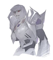 1girl angry artist_request burn_scar cracked_armor cracked_skin decepticon furious genderswap genderswap_(mtf) grey_armor grey_hair highres humanization insignia looking_at_viewer mechanical_arms megatron megatron_(prime) red_eyes robot_girl scar scar_on_face short_hair simple_background transformers transformers_prime white_background