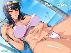 Rule 34 | 1girl, bare shoulders, bikini, blush, bracelet, breasts, chair, character name, cleavage, covered erect nipples, day, dutch angle, eyewear on head, female focus, highres, jewelry, kagami hirotaka, large breasts, lipstick, long hair, looking at viewer, lounge chair, makeup, navel, nico robin, one piece, palm tree, parted lips, shiny skin, sitting, solo, sunglasses, swimsuit, tree, wallpaper