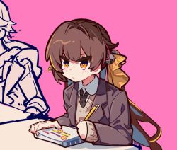 Rule 34 | 1girl, 1other, brown jacket, brown necktie, brown vest, closed mouth, collared shirt, hair ornament, holding, holding pencil, honkai (series), honkai impact 3rd, jacket, li sushang, long hair, long sleeves, caelus (honkai: star rail), meadow (morphinecaca), necktie, notebook, pencil, pink background, school uniform, shirt, simple background, table, trailblazer (honkai: star rail), vest, white shirt