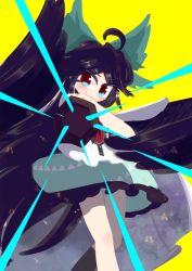 Rule 34 | 1girl, ahoge, aiming, aiming at viewer, arm cannon, bird wings, black hair, black wings, blush, bow, cape, closed mouth, commentary request, control rod, feet out of frame, frilled skirt, frills, green bow, green skirt, hair bow, highres, kurocat, long hair, looking at viewer, red eyes, reiuji utsuho, shirt, short sleeves, simple background, skirt, smile, solo, starry sky print, third eye, touhou, weapon, white cape, white shirt, wings, yellow background