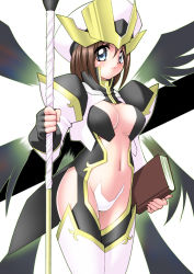Rule 34 | 00s, 1girl, armor, blue eyes, blush, bodysuit, book, breasts, brown hair, c-string, cleavage, fingerless gloves, gloves, hat, long coat, looking at viewer, lyrical nanoha, mahou shoujo lyrical nanoha, mahou shoujo lyrical nanoha strikers, navel, sakura ryuuken, schwertkreuz, short hair, solo, staff, strapless bottom, tome of the night sky, wings, yagami hayate