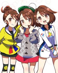 Rule 34 | 3girls, alternate hairstyle, brown eyes, brown hair, child, clenched hands, clenched teeth, collarbone, collared shirt, creatures (company), dress, eyelashes, female focus, flat chest, game freak, gloria (pokemon), gloves, grey jacket, gym challenge uniform, hands up, happy, hat, jacket, knee pads, legs, long sleeves, looking at viewer, master dojo uniform, matching hair/eyes, medium hair, multiple girls, multiple persona, nintendo, official alternate costume, open mouth, own hands together, pink dress, playing with own hair, pokemon, pokemon swsh, print shirt, sheyona, shiny clothes, shiny skin, shirt, short shorts, shorts, side bangs, side slit, side slit shorts, sidelocks, simple background, single glove, smile, standing, tam o&#039; shanter, teeth, thighs, track jacket, v arms, white shirt, white shorts