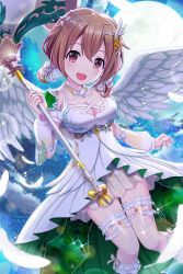 Rule 34 | 1girl, alternative girls, angel wings, breasts, brown eyes, brown hair, cleavage, dress, feathers, full moon, heart, heart necklace, highres, holding, holding weapon, looking at viewer, momoi hina, moon, necklace, night, night sky, official art, open mouth, short hair, sky, smile, solo, weapon, white dress, white feathers, wings