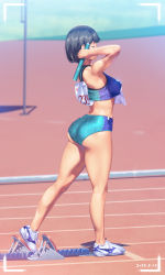 Rule 34 | 1girl, a.x., ass, bare shoulders, baton, bikini, black hair, buruma, closed eyes, dated, from side, full body, highres, kneepits, midriff, original, shoes, short hair, sneakers, solo, sports bikini, sportswear, standing, sweat, swimsuit, tankini, taut clothes, thighs, track and field, track uniform