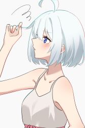 Rule 34 | 1girl, absurdres, ahoge, alternate costume, alternate hair length, alternate hairstyle, anime oekaki13, bare shoulders, blue eyes, bow, breasts, closed mouth, collarbone, dress, elaina (majo no tabitabi), grey hair, hair between eyes, highres, holding own hair, majo no tabitabi, no bra, pink bow, short hair, sleeveless, sleeveless dress, small breasts, solo, spaghetti strap, upper body, white background, white hair