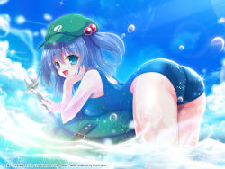 Rule 34 | 1girl, ass, backpack, bag, blue hair, blue one-piece swimsuit, blue sky, blush, breasts, cloud, cloudy sky, copyright notice, danmakujp, green eyes, green hat, hair between eyes, hat, highres, kawashiro nitori, looking at viewer, looking back, lying, on stomach, one-piece swimsuit, open mouth, second-party source, sky, solo, sparkle, swimsuit, touhou, touhou danmaku kagura, two side up, water drop, wet, wet clothes, wrench, yamu (reverse noise)