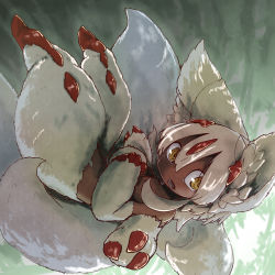 Rule 34 | 1girl, absurdres, claws, dark-skinned female, dark skin, extra arms, extra tails, faputa, highres, made in abyss, megateru, sharp teeth, solo, teeth, white hair, yellow eyes