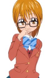 Rule 34 | 00s, 1girl, bespectacled, bow, bowtie, brown eyes, brown hair, futari wa precure, glasses, looking at viewer, misumi nagisa, oimanji, precure, school uniform, short hair, simple background, sketch, smile, solo, white background