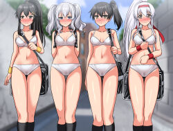 Rule 34 | 4girls, absurdres, alternate hairstyle, bag, black socks, blue eyes, blue sky, blurry, blush, bra, breasts, cleavage, cloud, commentary request, commission, day, depth of field, feet out of frame, grey hair, hairband, haruna (kancolle), highres, kaga (kancolle), kantai collection, kashima (kancolle), looking at viewer, medium breasts, multiple girls, nose blush, outdoors, panties, pixiv commission, ponytail, red hairband, red wristband, road, shoukaku (kancolle), side ponytail, sky, socks, thigh gap, twintails, underwear, underwear only, variant set, white bra, white hair, white panties, yellow wristband, zanntetu