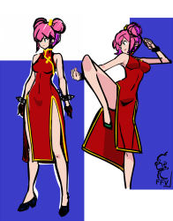 Rule 34 | 1girl, bare legs, bare shoulders, bracelet, china dress, chinese clothes, double bun, dress, fighting stance, final fantasy, final fantasy v, full body, hair bun, highres, jewelry, lenna charlotte tycoon, monk (final fantasy), pelvic curtain, sakuraidai, solo, spiked bracelet, spikes, thighs