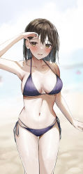 Rule 34 | 1girl, absurdres, armpits, beach, bikini, blurry, blurry background, blush, breasts, collarbone, commentary request, hair between eyes, highres, large breasts, looking at viewer, mole on body, navel, ocean, open mouth, original, outdoors, purple bikini, rouka (akatyann), short hair, side-tie bikini bottom, solo, standing, summer, swimsuit, wet, wet hair, yellow eyes