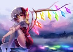 Rule 34 | 1girl, :o, blonde hair, bow, building, castle, cloud, flandre scarlet, frilled skirt, frills, from side, glowing, hair bow, hand on own elbow, hat, highres, holding own arm, koissa, leg up, looking to the side, mob cap, open mouth, outdoors, puffy short sleeves, puffy sleeves, rainbow order, red bow, red eyes, red skirt, red vest, reflection, scarlet devil mansion, shirt, short sleeves, skirt, sky, soaking feet, solo, steam, thighhighs, thighs, touhou, vest, water, white hat, white shirt, white thighhighs, zettai ryouiki