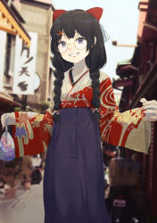 Rule 34 | 1girl, absurdres, black hair, blue sky, blush, bow, braid, building, day, fingernails, floral print, flower, glasses, hair bow, hair flower, hair ornament, hairclip, high-waist skirt, highres, holding, long hair, long sleeves, low twintails, misaki nonaka, nijisanji, outdoors, parted lips, purple skirt, red bow, red flower, road, round eyewear, sign, skirt, sky, sleeves past wrists, solo, standing, street, tsukino mito, tsukino mito (4th costume), twin braids, twintails, virtual youtuber, wide sleeves, yagasuri