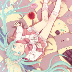 Rule 34 | 1girl, aqua eyes, aqua hair, bad id, bad pixiv id, bandaid, bandaid on knee, bandaid on leg, cake, candy, checkered floor, chocolate, food, from above, hatsune miku, kayei nou, legs, lips, lol -lots of laugh- (vocaloid), long hair, looking up, lots of laugh, macaron, muffin, nu00e5u008d, pastry, school uniform, sitting, skirt, socks, solo, twintails, very long hair, vocaloid