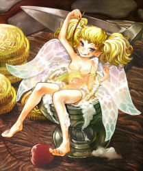 Rule 34 | 1girl, alcohol, barefoot, beer, blonde hair, breasts, chalice, cherry, coin, cup, dagger, dragon&#039;s crown, fairy, fairy wings, feet, foam, food, fruit, gold, hyuu (sing-dog), knife, licking lips, looking at viewer, mini person, minigirl, nude, partially submerged, ripples, small breasts, smile, solo, tiki (dragon&#039;s crown), toes, tongue, tongue out, twintails, weapon, wings