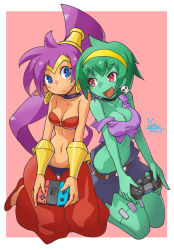 Rule 34 | 2girls, arabian clothes, blue eyes, breasts, choker, cleavage, colored skin, dark-skinned female, dark skin, earrings, female focus, green hair, green skin, highres, jewelry, kneeling, midriff, multiple girls, navel, nintendo switch controller, open mouth, oyster (artist), playstation controller, pointy ears, ponytail, purple hair, red eyes, rottytops, shantae, shantae (series), stitches, strap slip, thigh gap, zombie