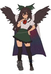 Rule 34 | 1girl, bird wings, blouse, bow, brown hair, cape, center frills, collared shirt, frilled shirt collar, frilled skirt, frills, green bow, green skirt, hair bow, highres, iwakoo, miniskirt, puffy short sleeves, puffy sleeves, red eyes, reiuji utsuho, shirt, short sleeves, simple background, skirt, solo, starry sky print, thighhighs, third eye, third eye on chest, touhou, white background, white cape, white shirt, wings